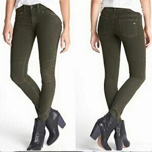Rag & Bone Ridley Moto Skinny Jeans in Wax Dark Olive Green Size 26 Zip Pockets